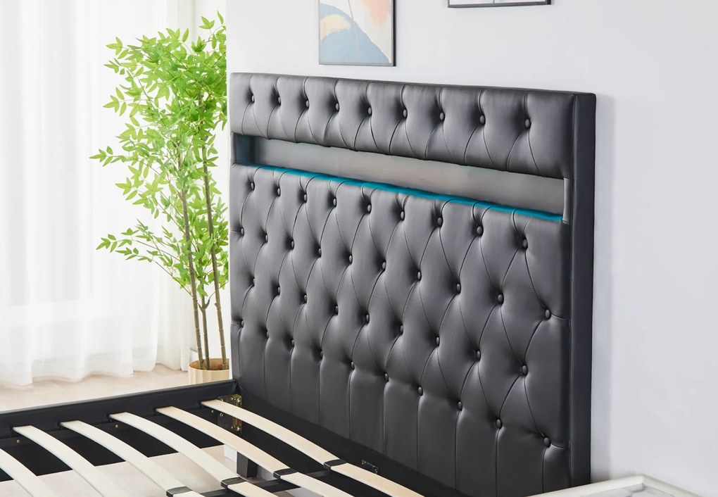 Pat Tapitat Catifea cu Iluminare LED, Somiera si Saltea Inclusa ,   Negru 160x200 cm   Cod FB-18