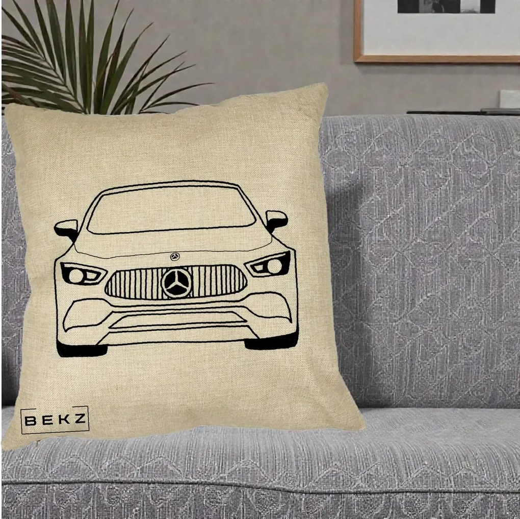Perna Personalizata Mercedes-Benz Fata Linie, 40x40 cm, Crem, Husa Detasabila, Perna Inclusa, BEKZ®