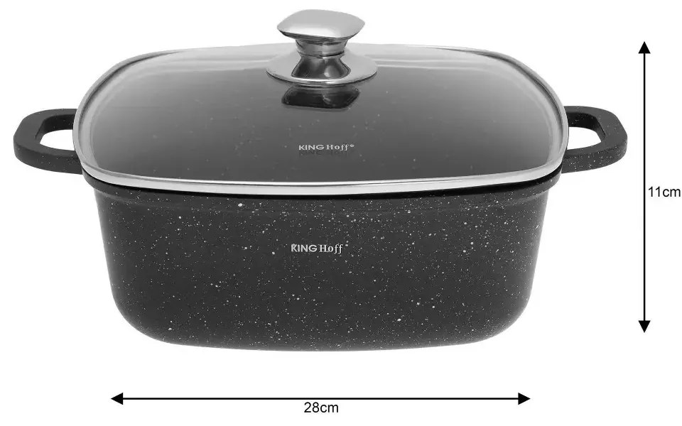Oală pătrată cu capac 28x28 cm, 6.5L – Kinghoff KH 1605, neagră, strat marmură, perfectă pentru preparate voluminoase