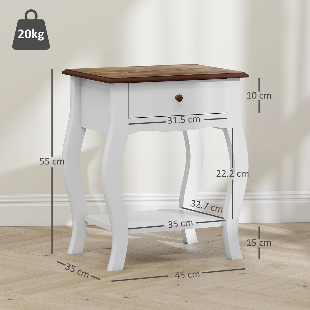 HOMCOM Set de 2 Noptiere cu Sertar Raft Deschis și Blat cu Efect de Stejar Stil Francez 45x35x55 cm Alb și Stejar | Aosom Romania