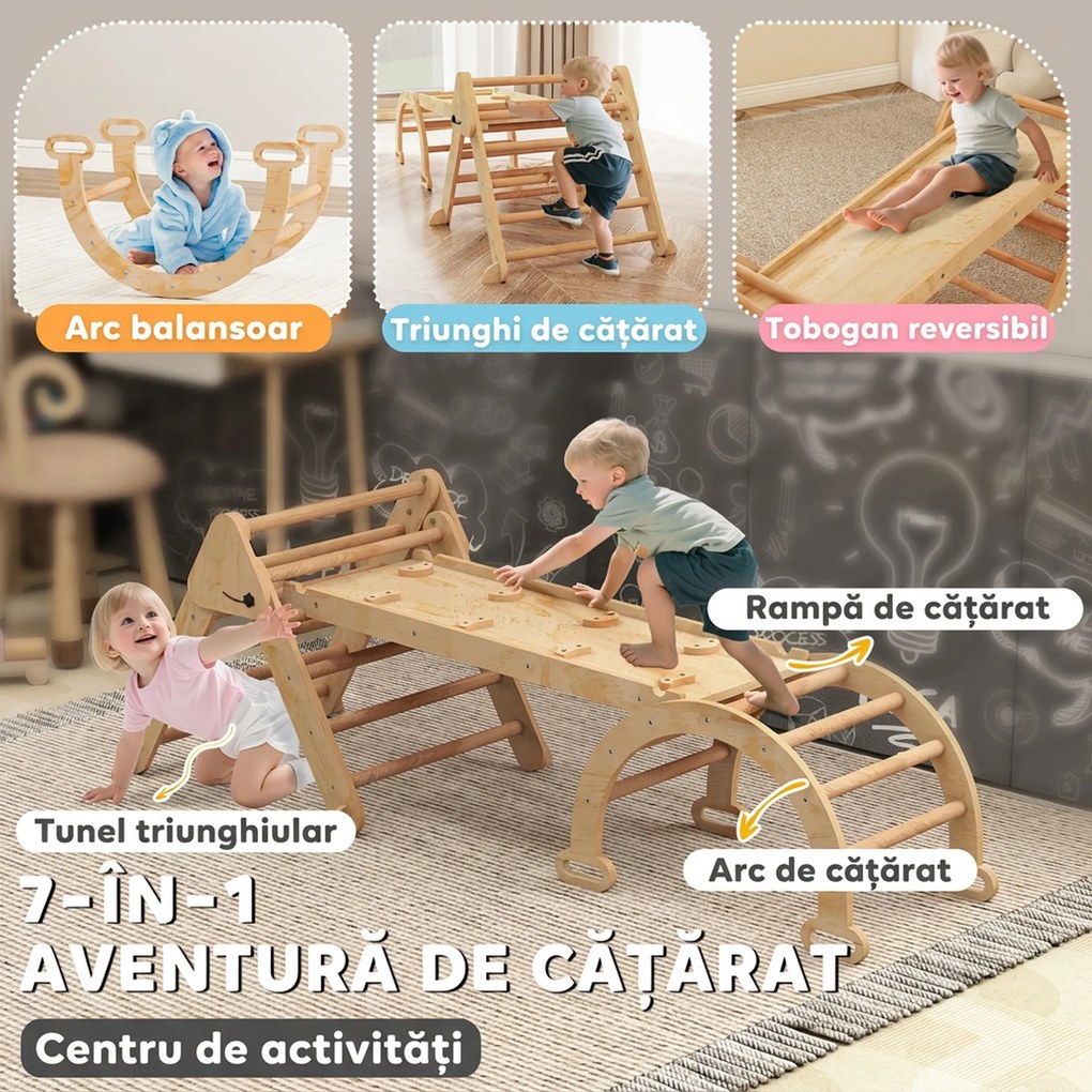 AIYAPLAY Joc pentru Copii 5 în 1 cu Triunghi, Tobogan Neted și Arc, din Lemn de Plop și Pin, 188x70x59 cm | Aosom Romania