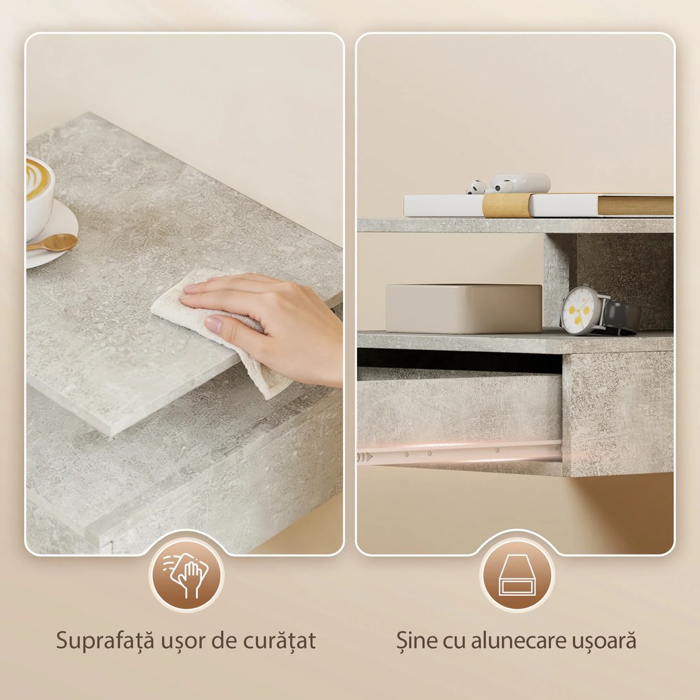 HOMCOM Set de 2 Noptiere Suspendate cu Sertar și Raft Deschis, 35x32x22.5 cm, Gri Ciment | Aosom Romania
