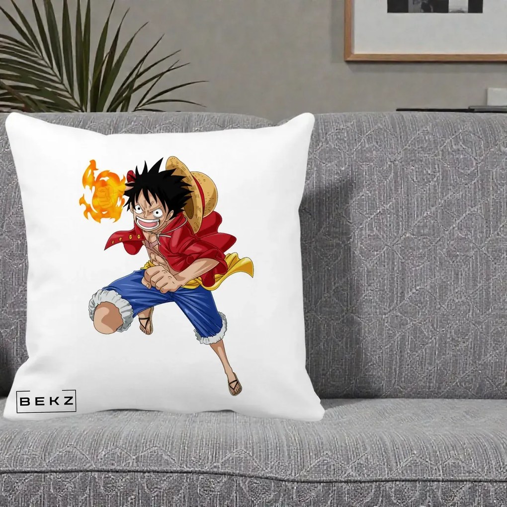 Perna Personalizata One Piece Luffy Gear Second Foc, 40x40 cm, Alba Mata, Husa Detasabila, Perna Inclusa, BEKZ®