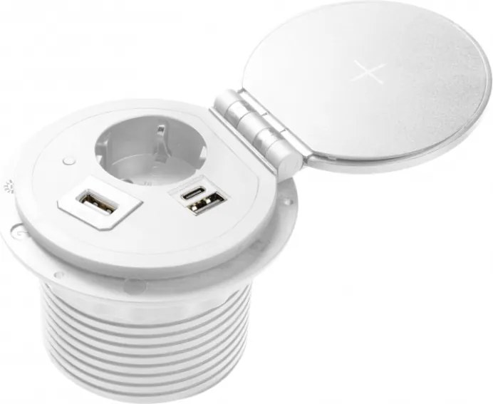 Priza incorporabila in blat Charger Plus GTV, incarcator wireless 5W, 1 priza Schuko, USB A + C, HDMI, RJ45, alb, D:80 mm Aluminiu, Alb, D:80