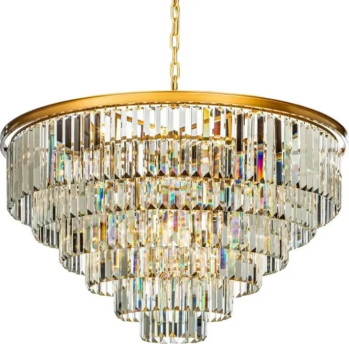 Candelabru rotund din metal, auriu, cu cristale din sticlă în cascadă și lanț reglabil, finisaj satinat, 67 x 112 cm, „Hilton”