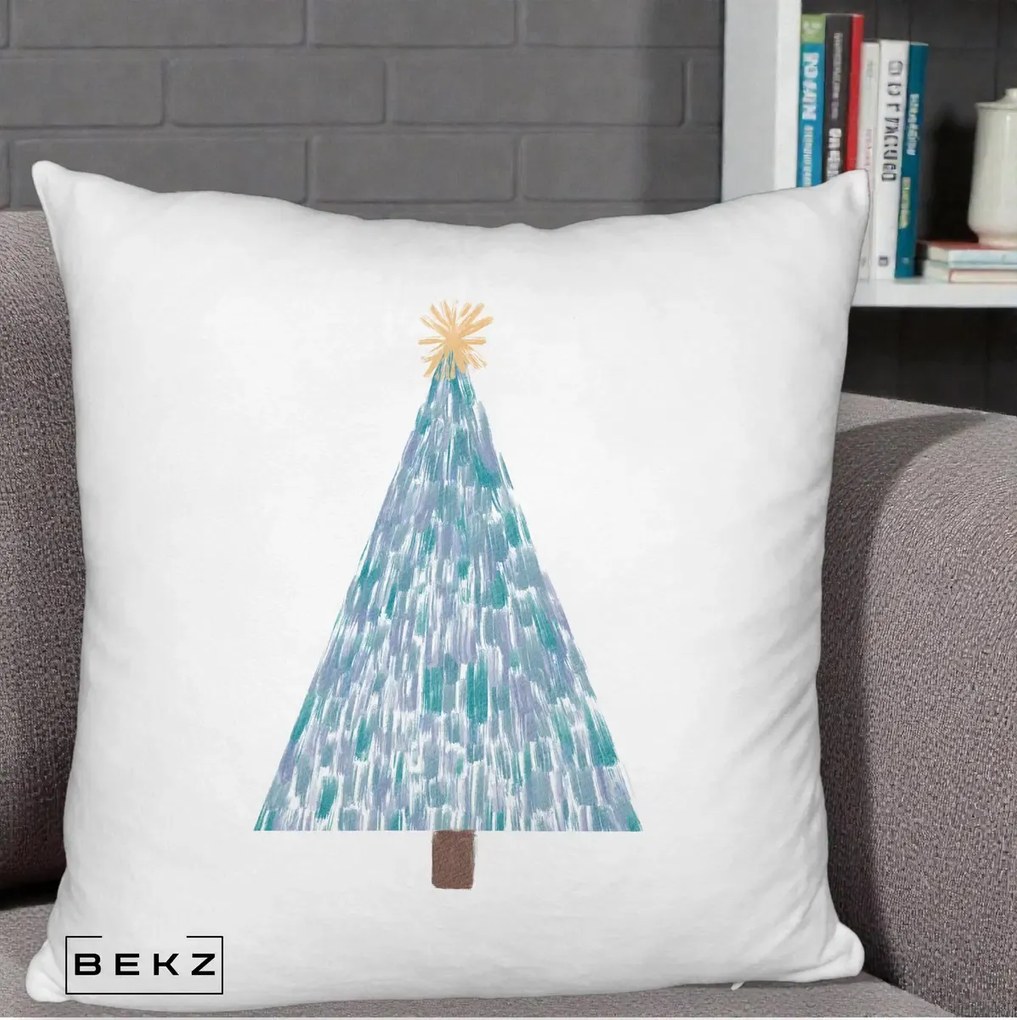 Perna Decorativa Brad de Craciun Acrilic Albastru, 40x40 cm, Alb Pufos, Husa Detasabila, Perna Inclusa, BEKZ®