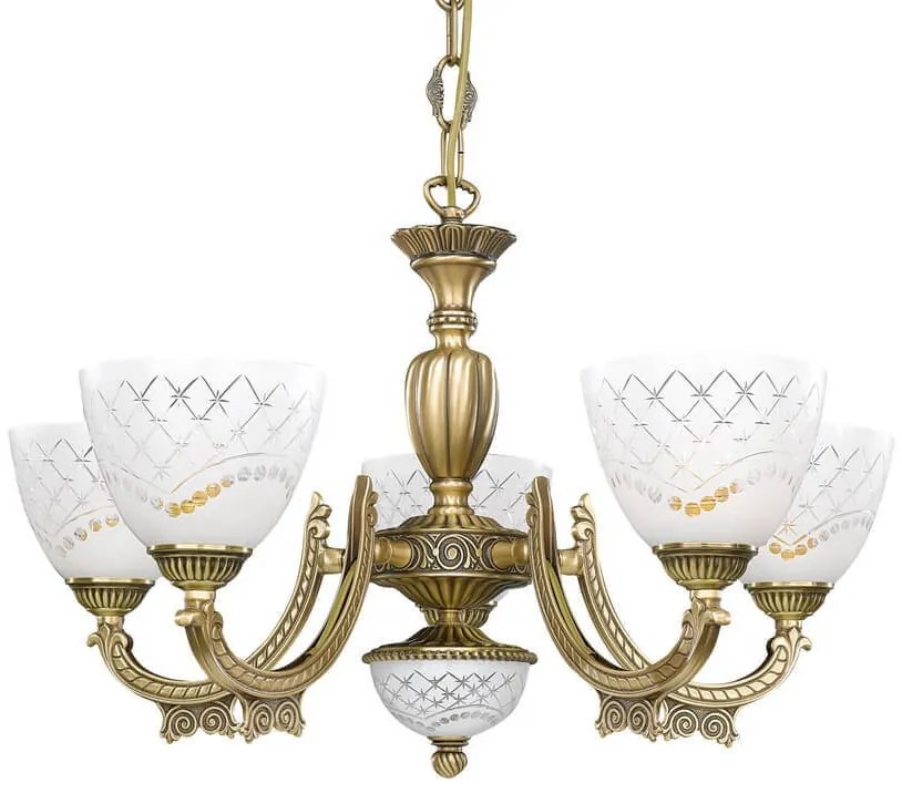 Candelabru cu 5 brate clasic design italian din alama, sticla 7052 RA-L. 7052/5