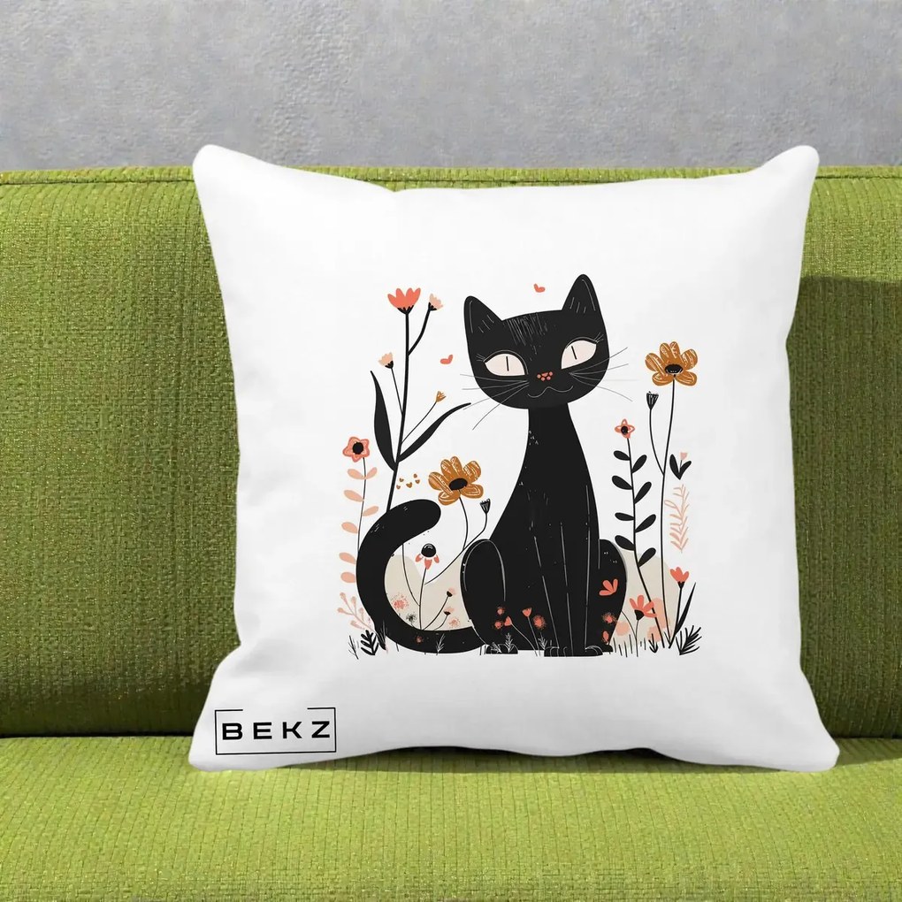 Perna Decorativa Pisica Neagra Flori Pastel Folk, 40x40 cm, Alba Mata, Husa Detasabila, Perna Inclusa, BEKZ®
