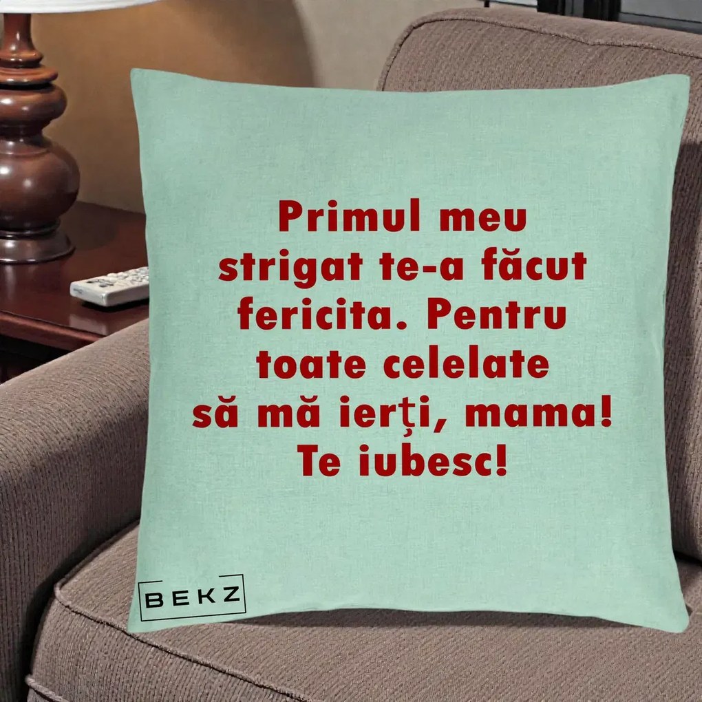 Cadou pentru Mama - Perna Personalizata Primul Strigat Mama, 40x40 cm, Verde Menta, Husa Detasabila, Perna Inclusa, BEKZ®