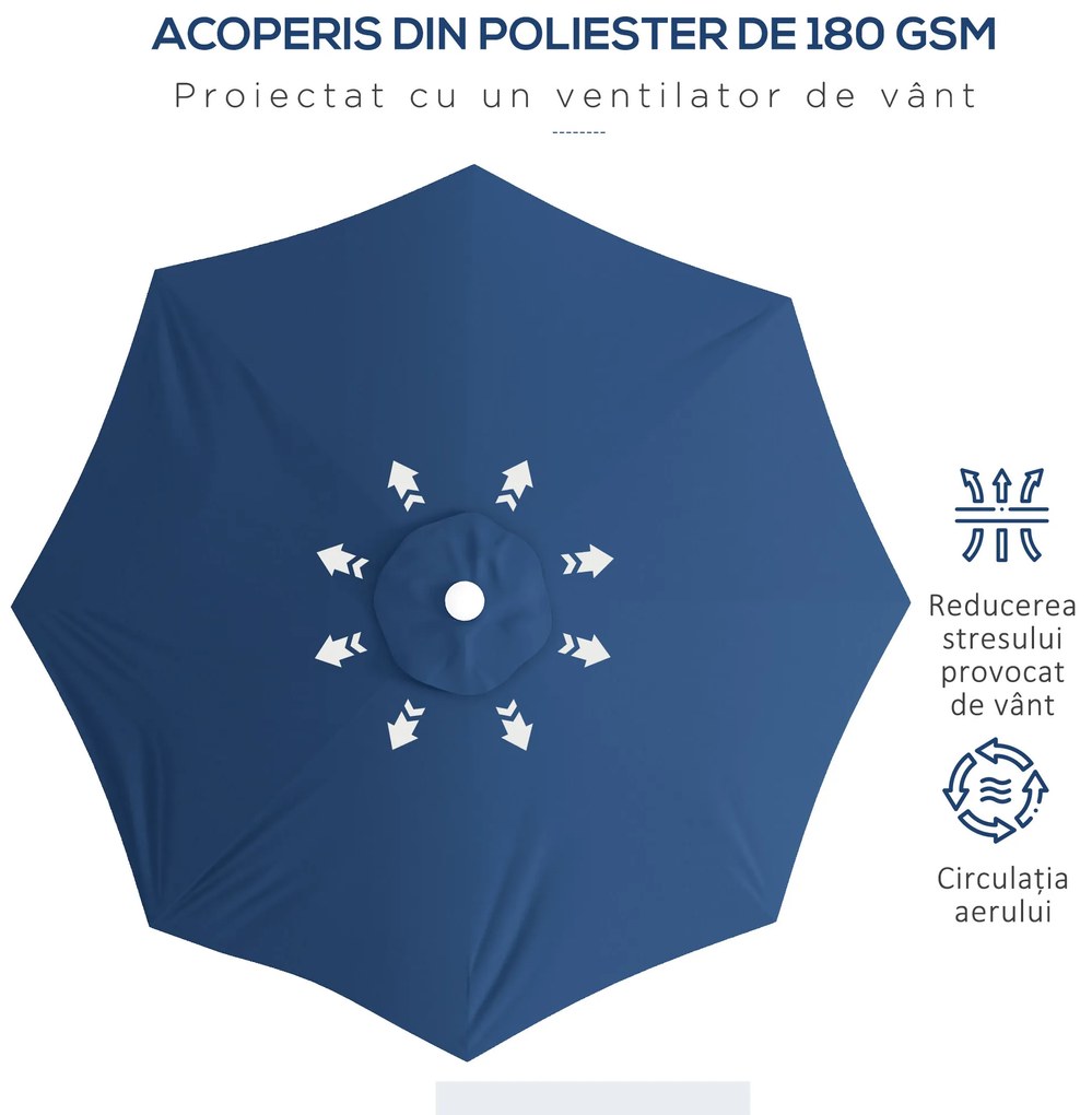 Outsunny Umbrelă Soare Exterior Gradină Reglabilă 4cm Copertină Albastru 8 Nervuri | Aosom Romania