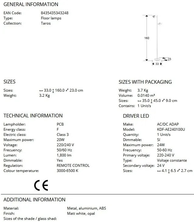 Lampadar/Lampa de podea LED design modern Taros alb