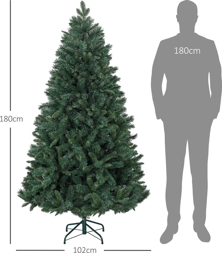 HOMCOM Pom de Crăciun Artificial, Brad Realist Pliabil cu Design cu Balamale și Bază Metalică, Ø102x180 cm, Verde | Aosom Romania