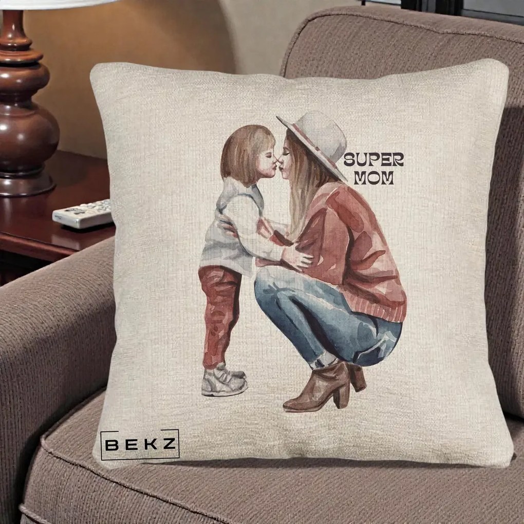 Cadou pentru Mama - Perna Personalizata Super Mom Acuarela, 40x40 cm, Bej Canapea, Husa Detasabila, Perna Inclusa, BEKZ®