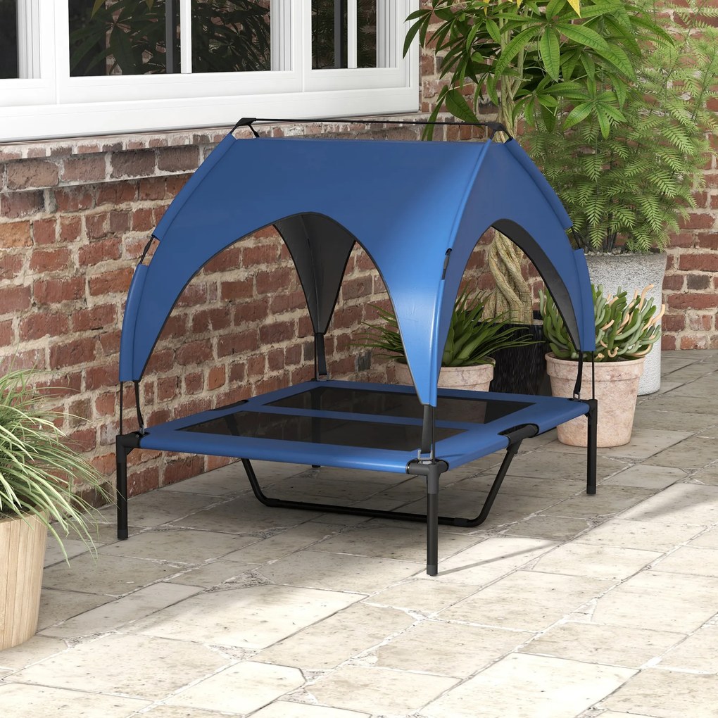 PawHut Pat pentru câini cu acoperiș, respirabil, rezistent la apă, până la 30 kg, 91 x 76 x 89 cm, Albastru închis | Aosom Romania