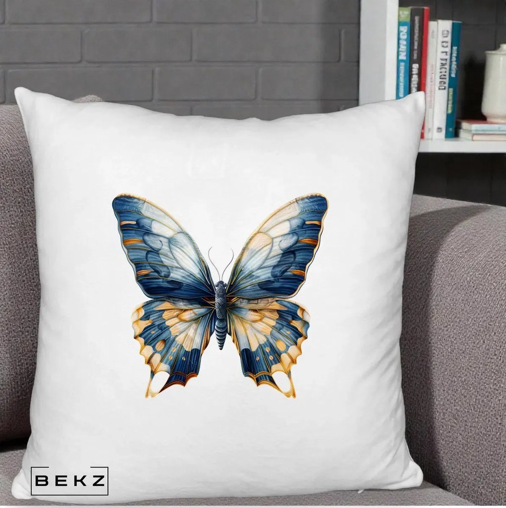 Perna Decorativa Fluture Albastru Auriu Elegant, 40x40 cm, Alb Pufos, Husa Detasabila, Perna Inclusa, BEKZ®