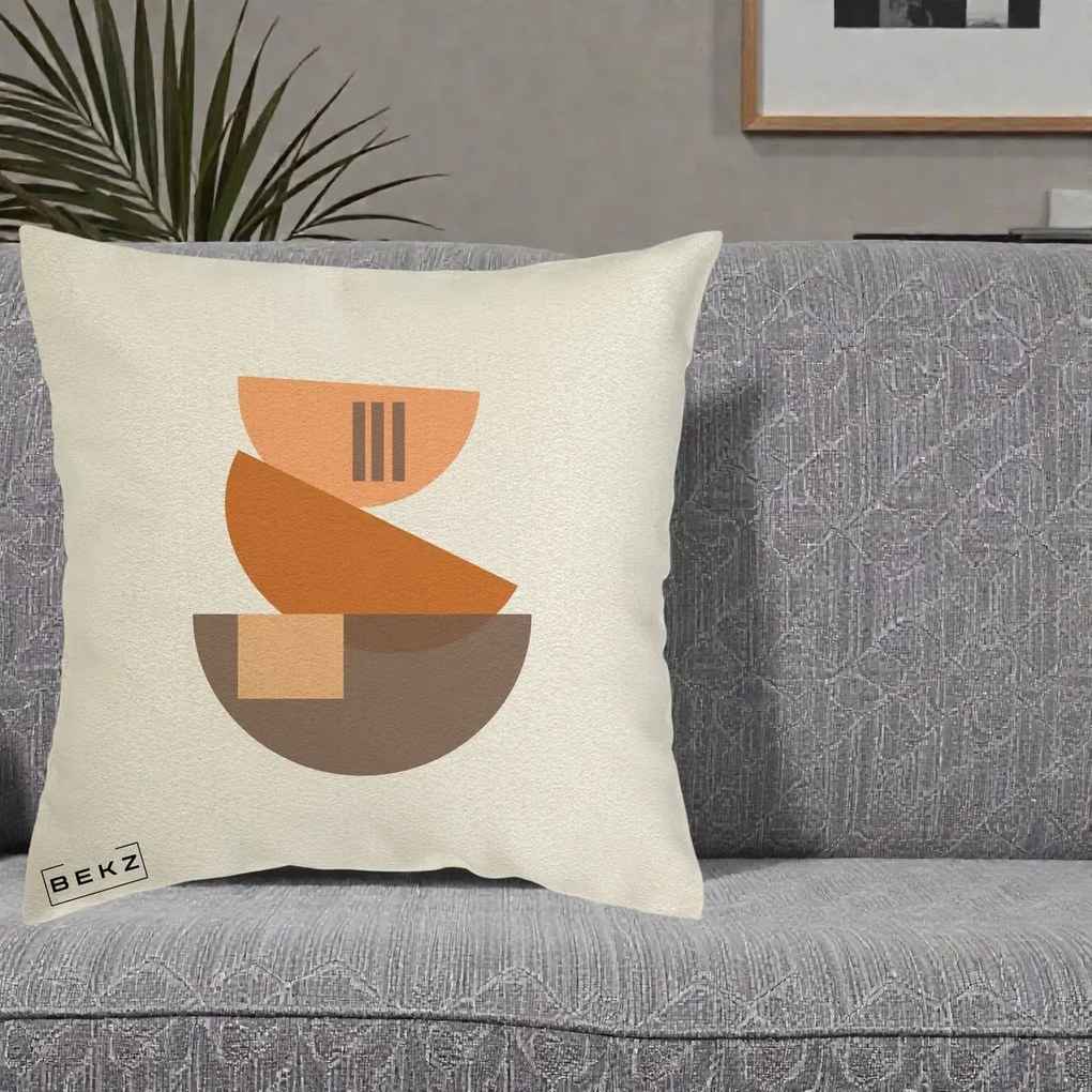 Perna Decorativa Geometric Bauhaus Boluri Portocaliu, 40x40 cm, Ecru, Husa Detasabila, Perna Inclusa, BEKZ®