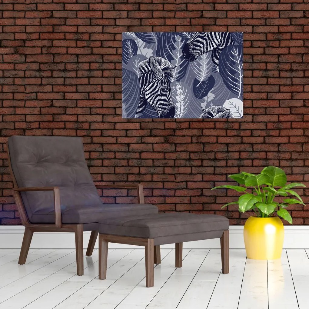 Tablou pe sticlă - Zebre între frunze (70x50 cm)