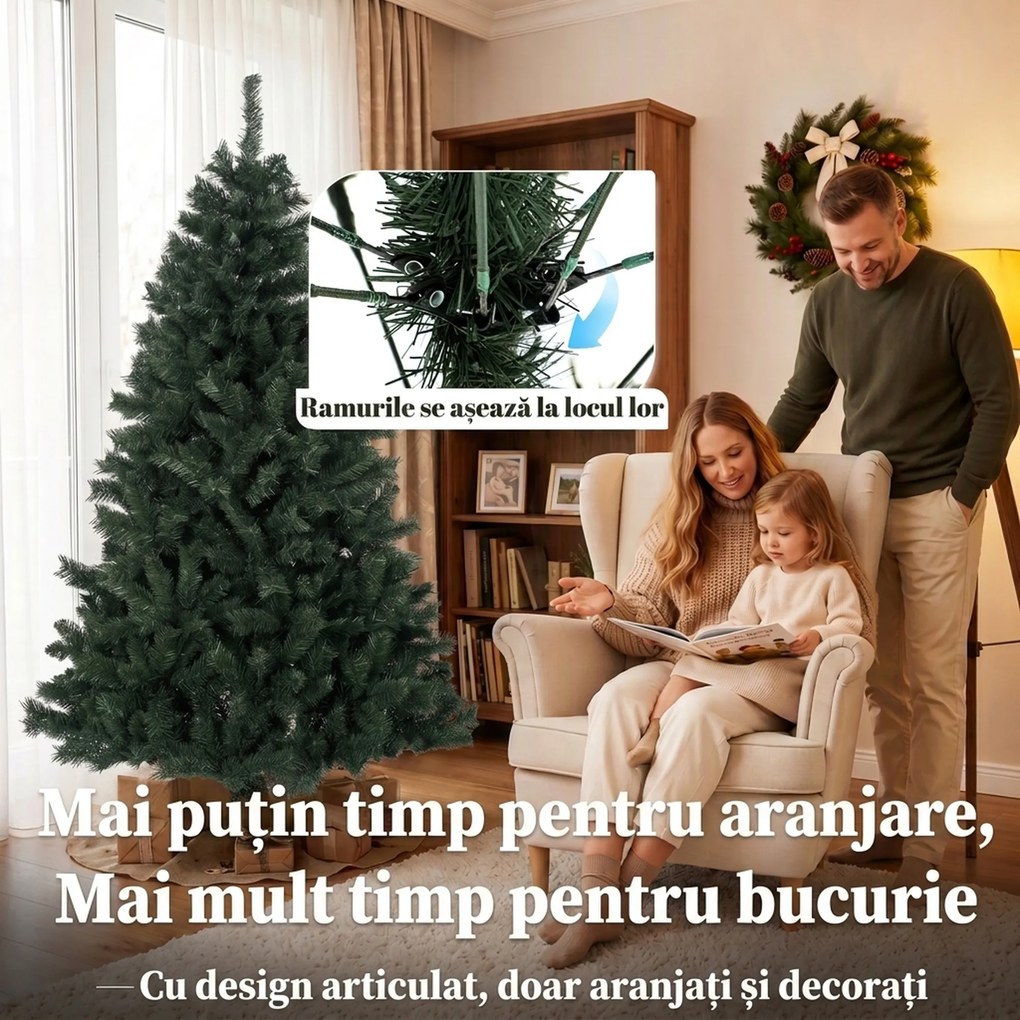 HOMCOM Brad de Crăciun Artificial, 180 cm, cu 820 de Crengi Ignifuge, Verde | Aosom Romania