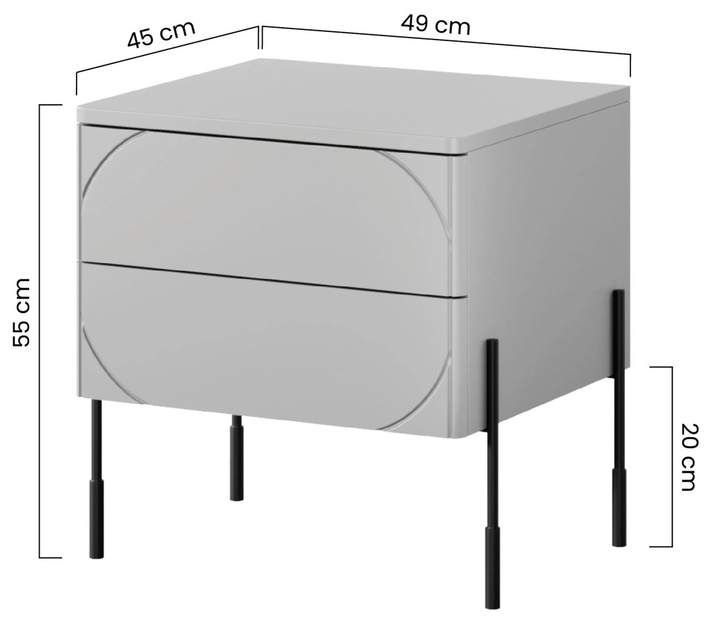 Noptieră cu sertare Sonatia 45 cm 2 sertare cu picioare metalice - cașmir