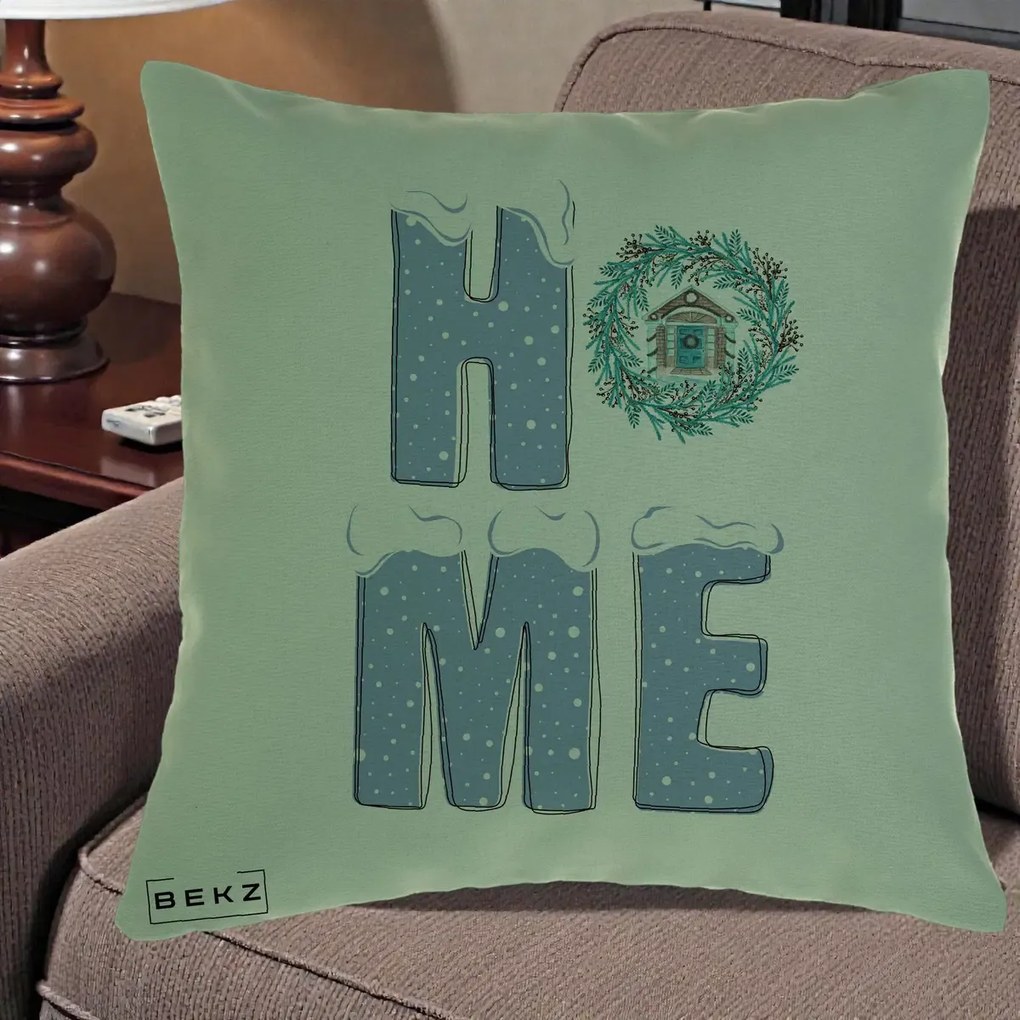 Perna Decorativa HOME Iarna cu Coroana, 40x40 cm, Verde, Husa Detasabila, Perna Inclusa, BEKZ®