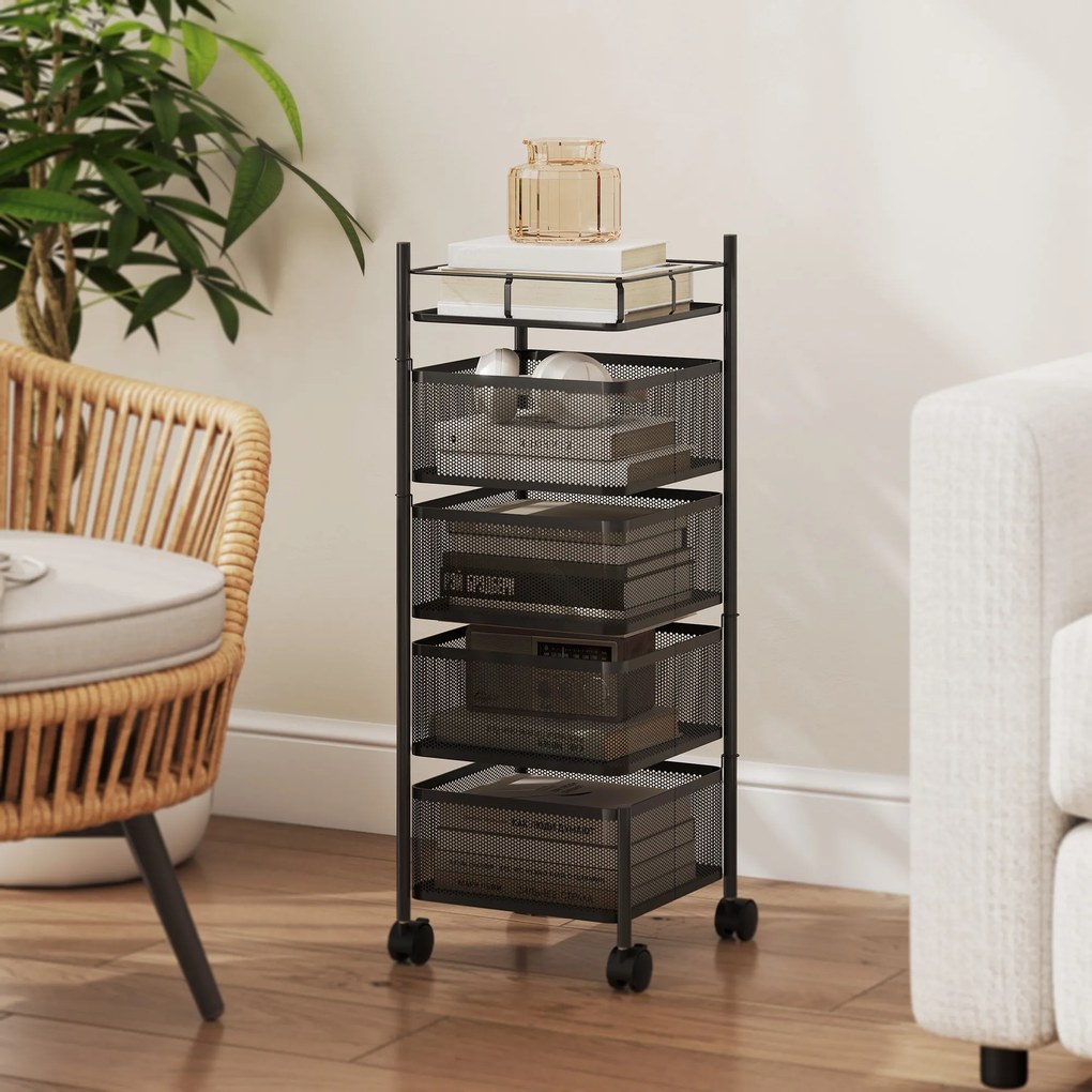 HOMCOM Cărucior de bucătărie pe roți, 5 nivele, cărucior de depozitare 4 coșuri rotative, raft, 27,5x27,5x77cm, negru | Aosom Romania