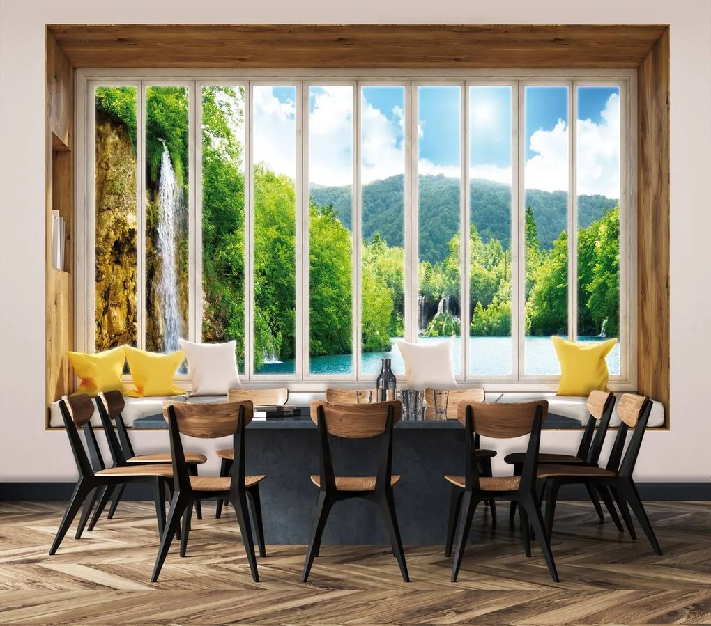 Fototapet - Privire spre cascadă - geam (152,5x104 cm)