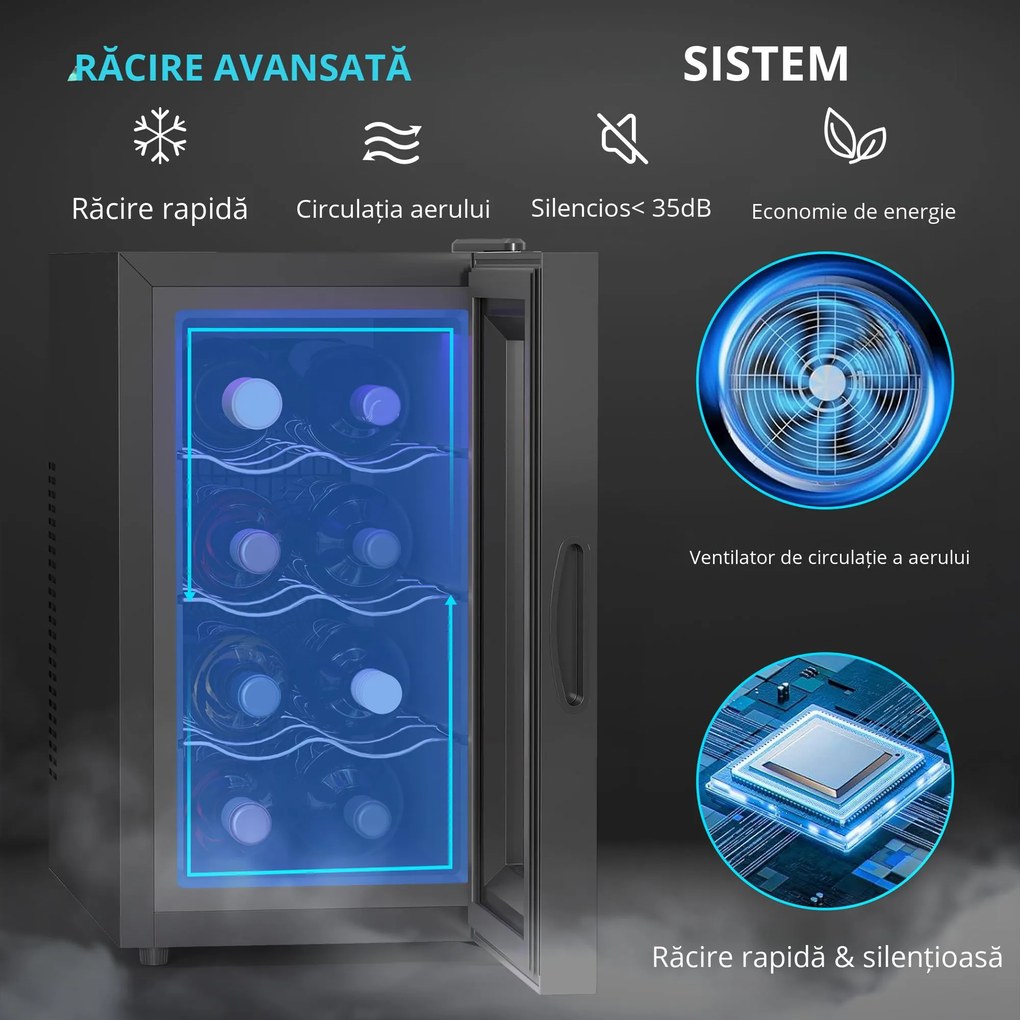 HOMCOM Frigider pentru 8 Sticle de Vinuri cu Temperatura Reglabilă 8-18°C și Rafturi Reglabile, 26,5x51,5x47,5 cm, Negru | Aosom Romania