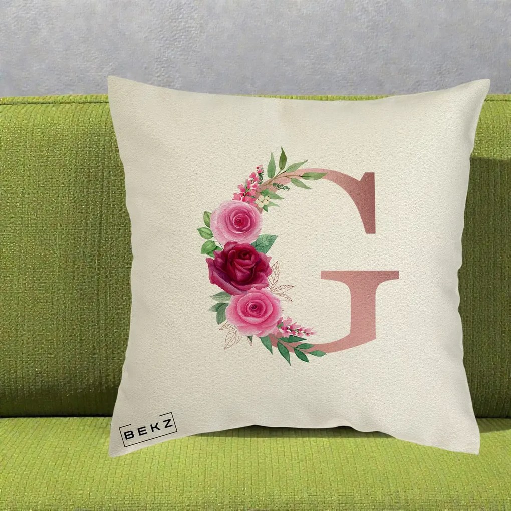 Cadou Personalizat - Perna Personalizata Monograma Rose Gold Litera G, 40x40 cm, Ecru, Husa Detasabila, Perna Inclusa, BEKZ®