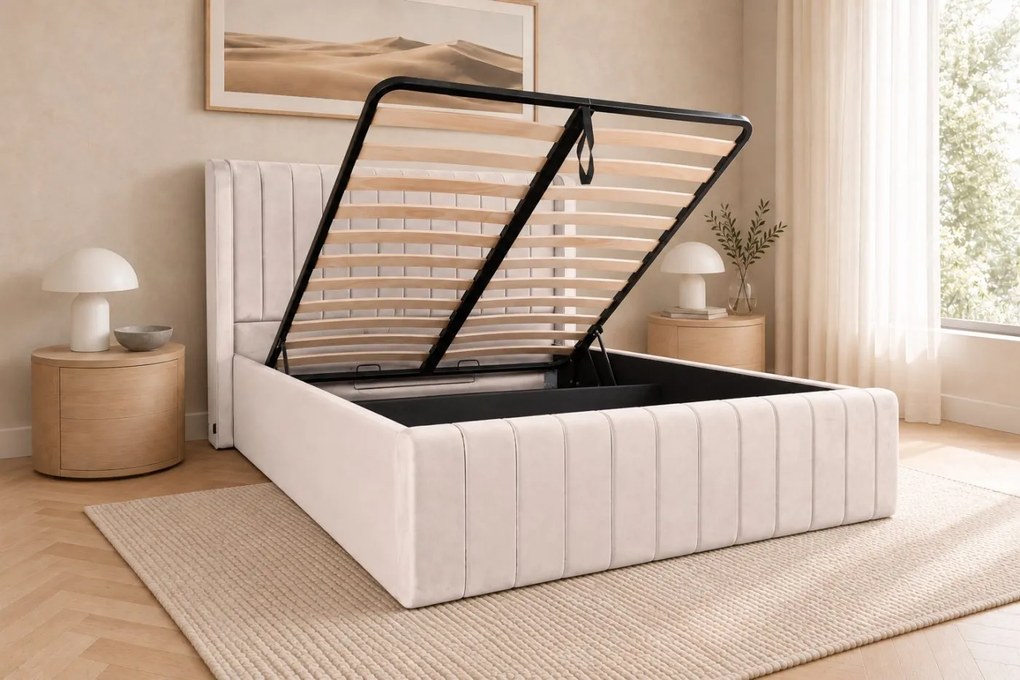 Pat tapițat din catifea Aurelia Simple 120×200 cm, crem, cu ladă de depozitare