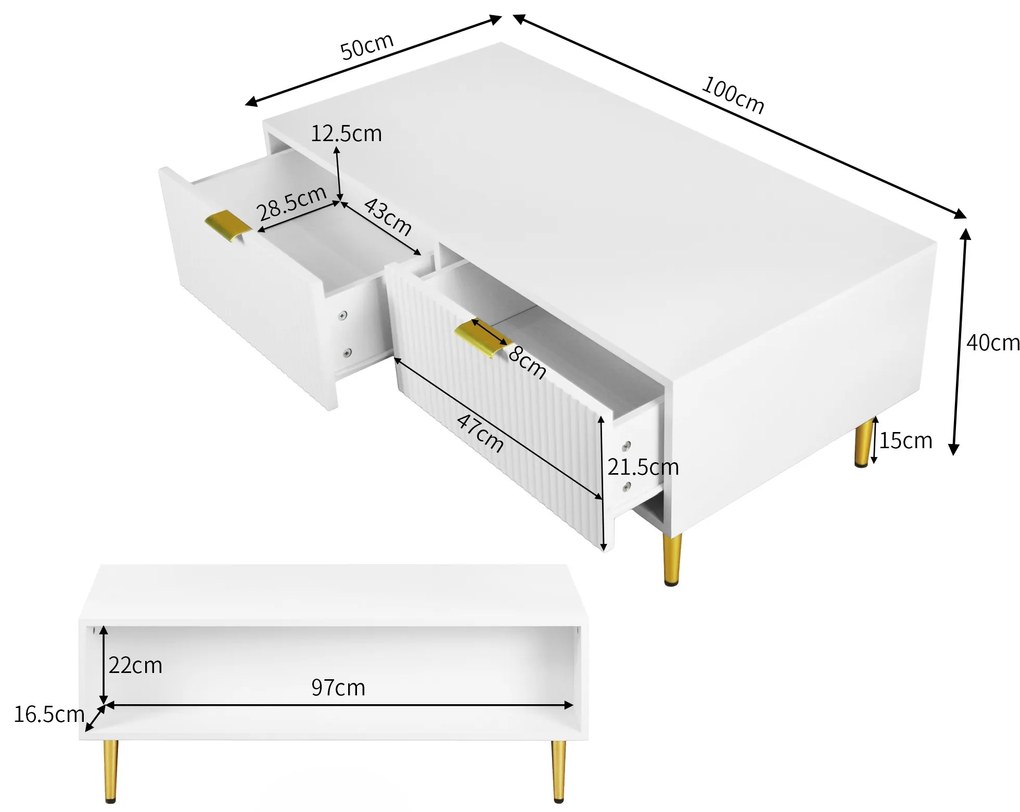 Măsuță de Cafea Modernă cu 2 Sertare și Design cu Dungi Verticale, 100x50x40 cm - Măsuță de Canapea, Alb+Auriu