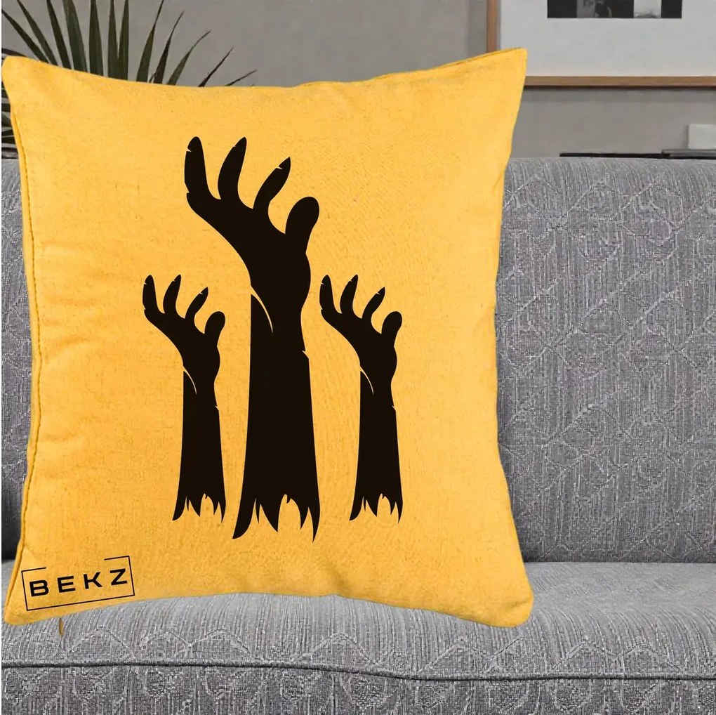 Perna Decorativa Halloween Maini Zombie Alb-Negru, 40x40 cm, Galben, Husa Detasabila, Perna Inclusa, BEKZ®