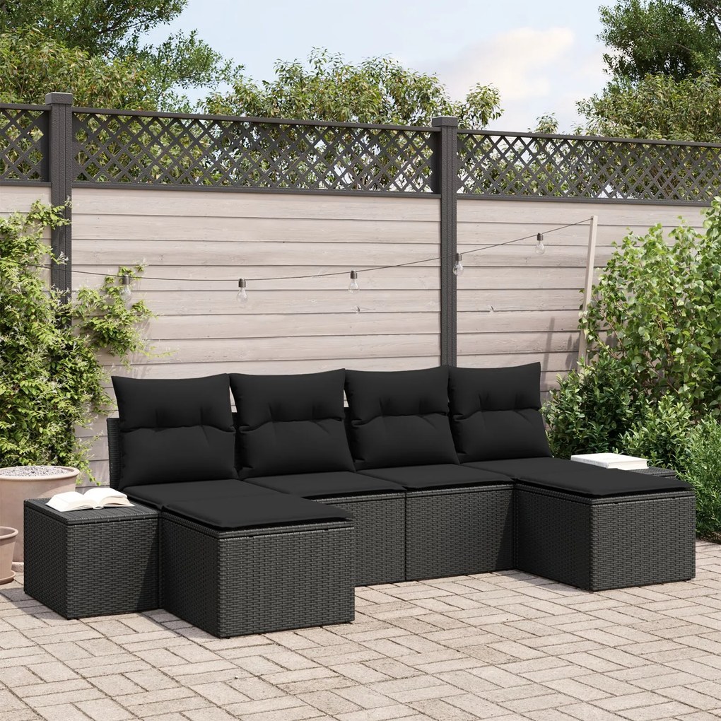 vidaXL Set de canapele pentru grădină cu pernă 6 pcs Negru Rattan poli