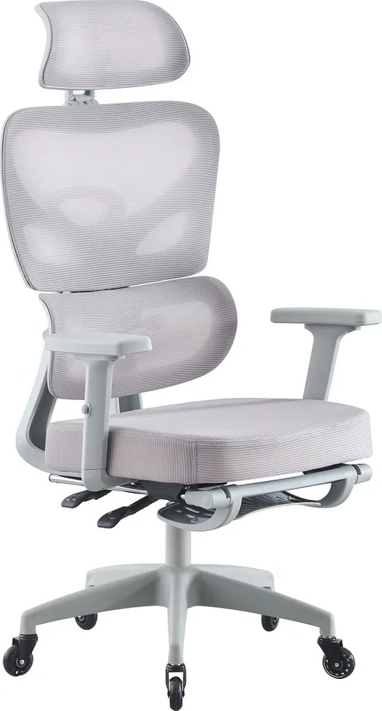 Scaun ergonomic, cotiere 3D, suport lombar adaptiv, spătar reglabil pe inaltime, tetiera 3D, suport pentru picioare, pivotant, Mesh, Gri