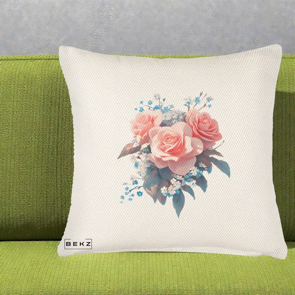 Perna Decorativa Trandafiri Roz cu Floricele Albastre, 40x40 cm, Crem Reliefat, Husa Detasabila, Perna Inclusa, BEKZ®