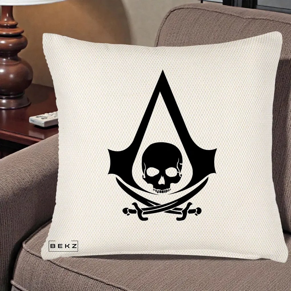 Perna Personalizata Assassin's Creed Black Flag Skull, 40x40 cm, Crem Reliefat, Husa Detasabila, Perna Inclusa, BEKZ®