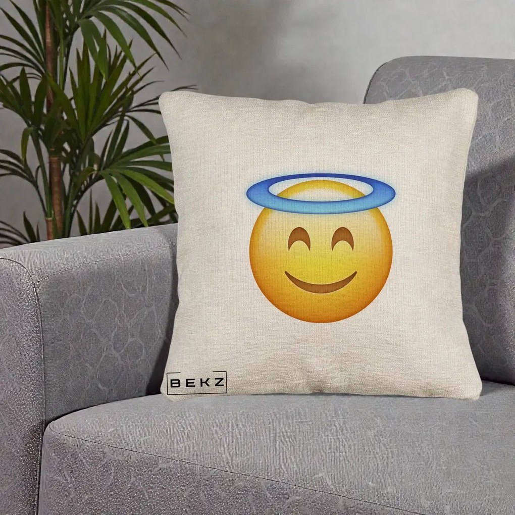 Perna Decorativa Emoji Inger cu Aureola, 40x40 cm, Bej Canapea, Husa Detasabila, Perna Inclusa, BEKZ®