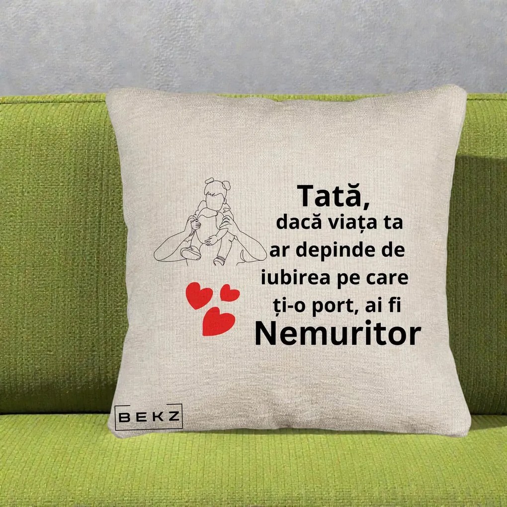 Cadou pentru Tata - Perna Personalizata Tata Nemuritor Mesaj, 40x40 cm, Bej Canapea, Husa Detasabila, Perna Inclusa, BEKZ®