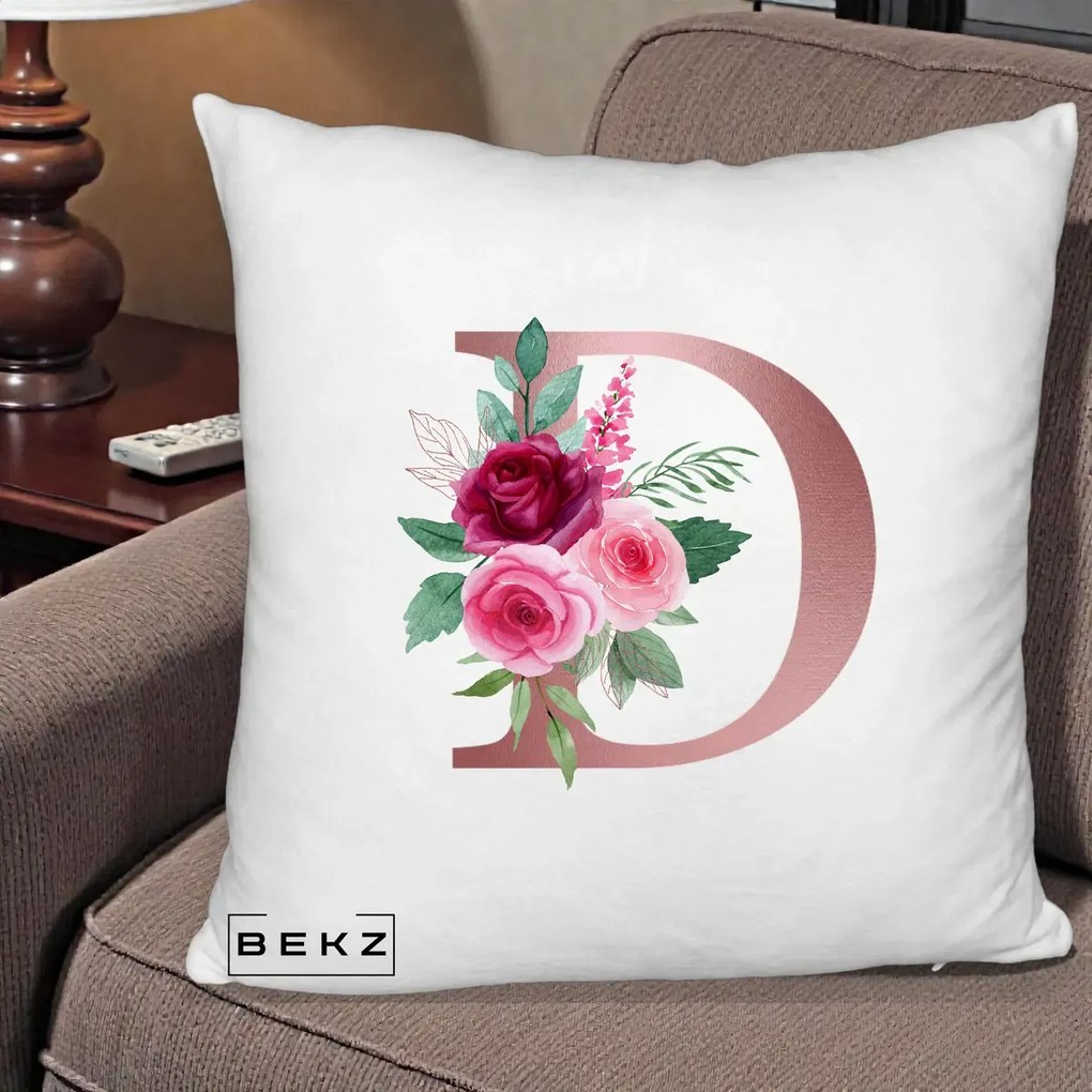 Cadou Personalizat - Perna Personalizata Monograma Rose Gold Litera D, 40x40 cm, Alb Pufos, Husa Detasabila, Perna Inclusa, BEKZ®