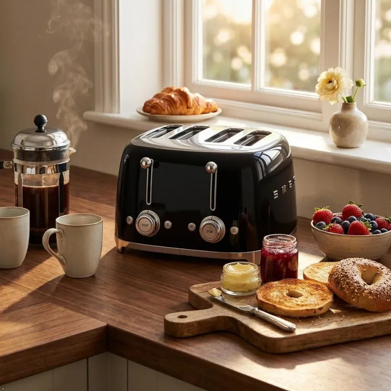 Prăjitor de pâine SMEG 50's Style TSF03BLEU, 2000 W, 4 felii, 6 niveluri, Tava pentru firimituri, Cablu integrat, Oțel inoxidabil, Negru