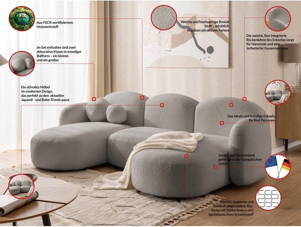 Colțar gri cu tapițerie din țesătură bouclé (în formă de "U") Orbit – Ropez