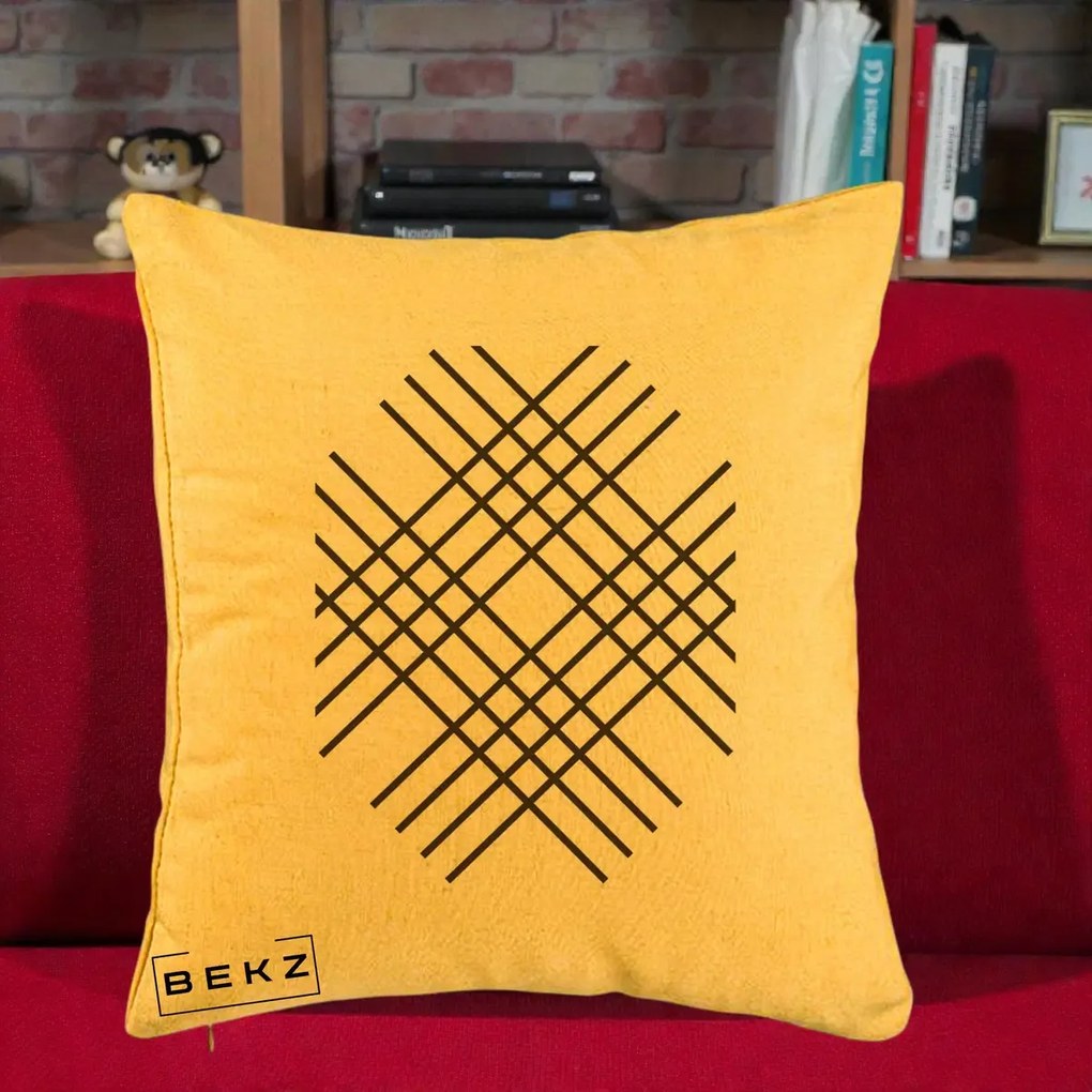 Perna Decorativa Geometric Grid, 40x40 cm, Galben, Husa Detasabila, Perna Inclusa, BEKZ®