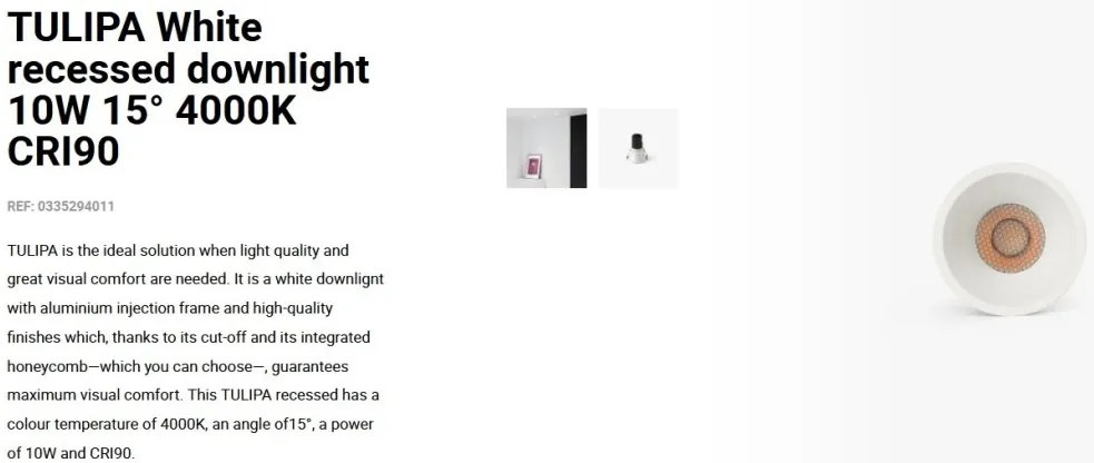Spot LED incastrabil TULIPA White recessed downlight 10W 15° 4000K CRI90