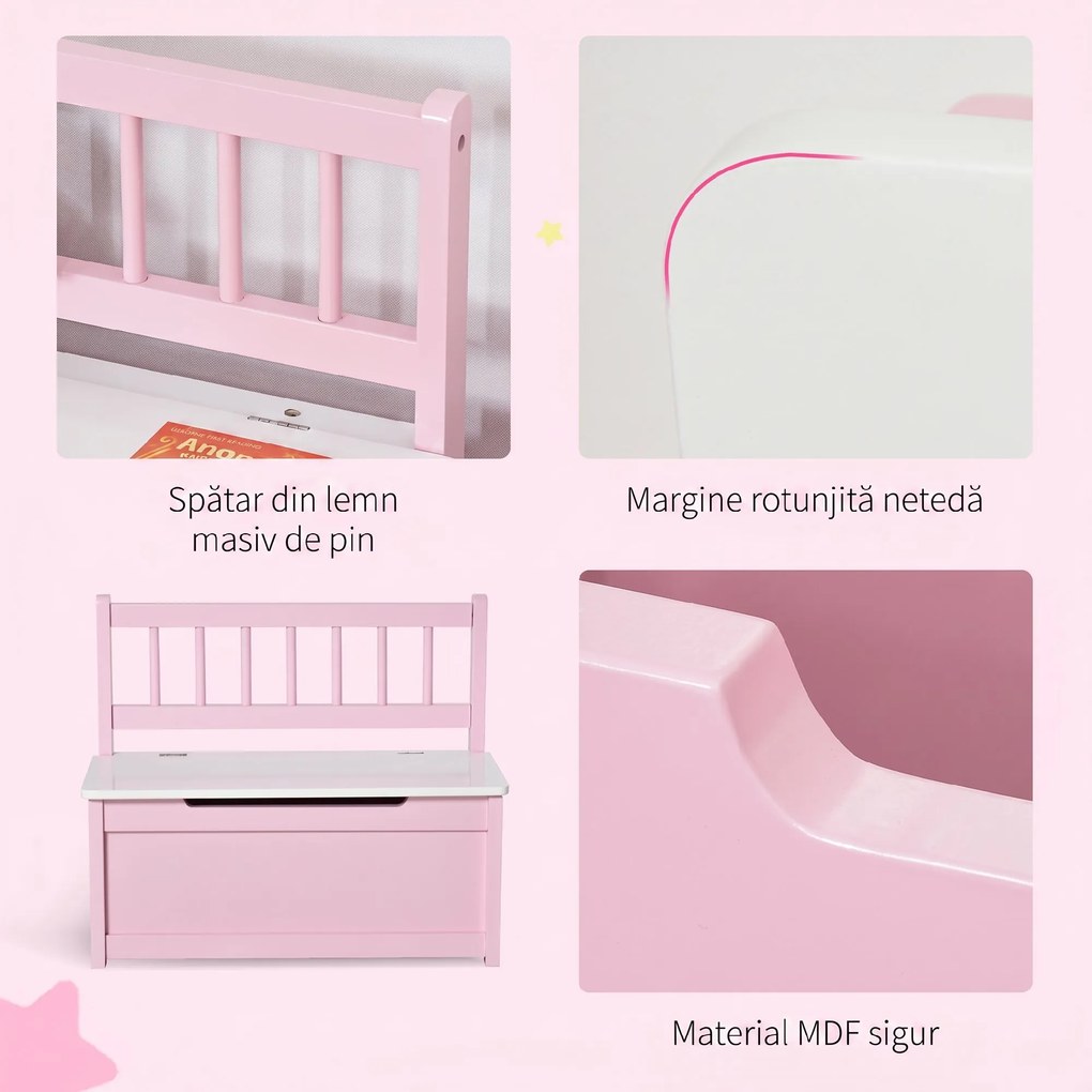 HOMCOM Bancă Depozitare Copii, Spătar, Piston Sigur, MDF, Roz | Aosom Romania