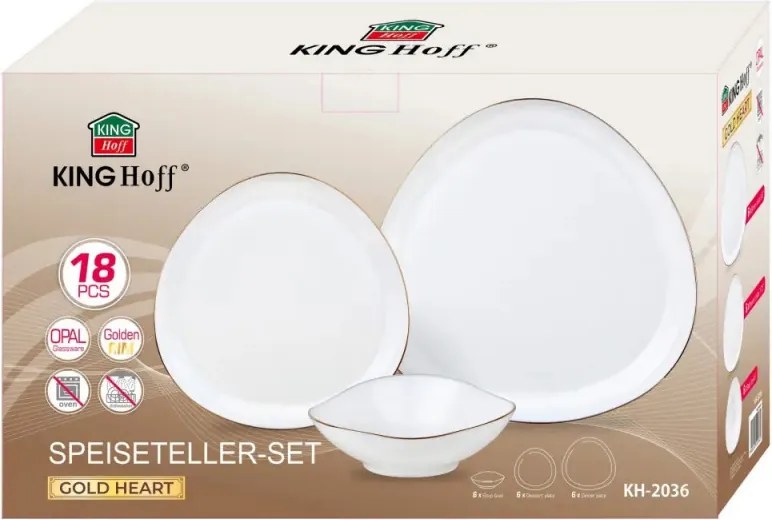 Set de masă Kinghoff KH 2036, 18 piese, pentru 6 persoane, sticlă opală, margine aurie, alb