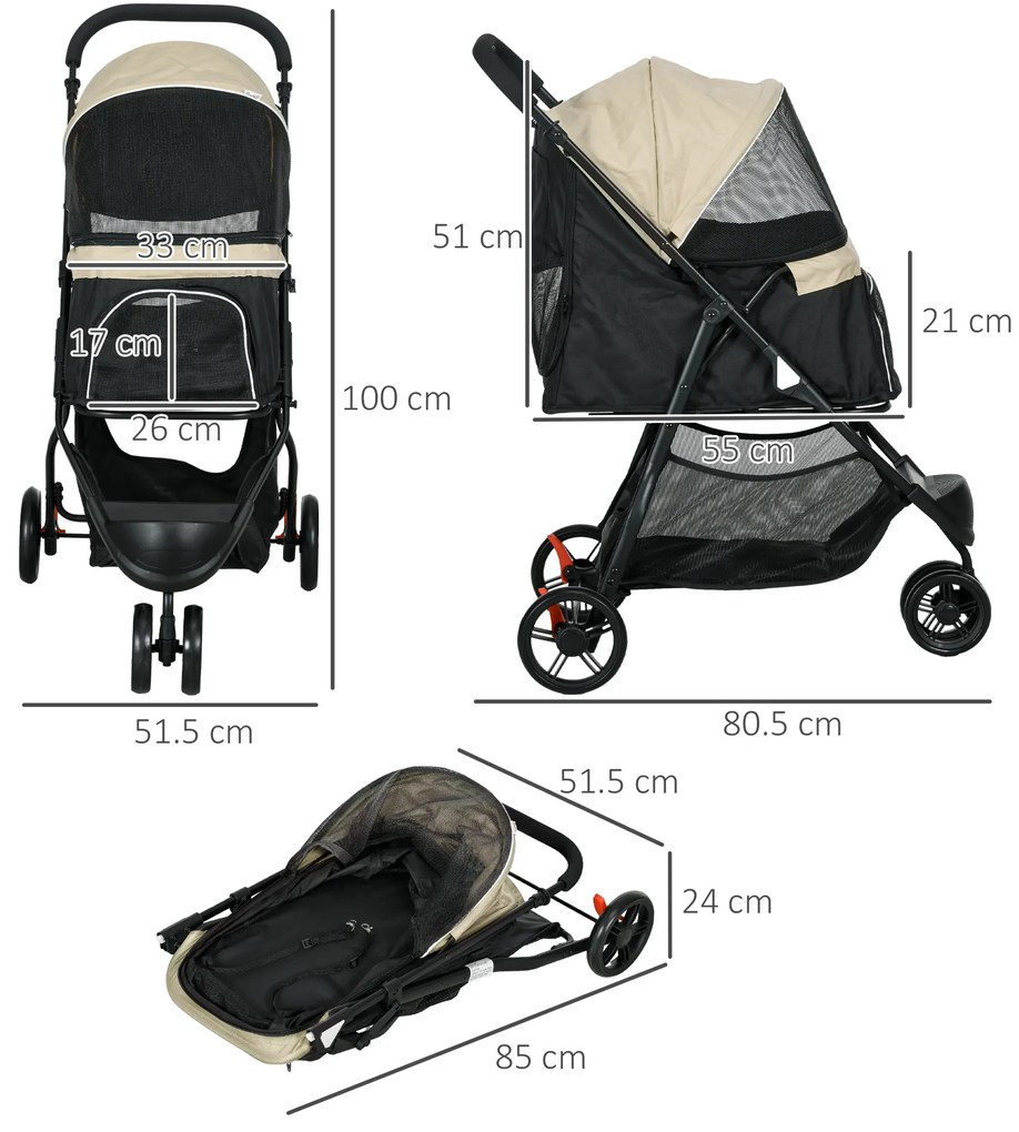PawHut Cărucior pentru Câini cu 3 Roți, Cărucior Pliant cu Husă de Ploaie, Coș și Curea, 80,5x51,5x100 cm, Kaki | Aosom Romania