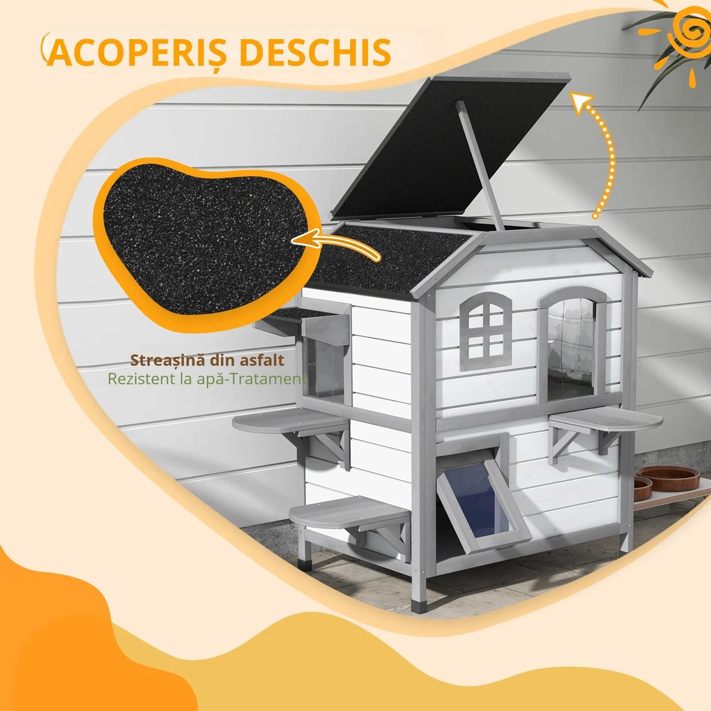 PawHut Casă pisici, Căsuță pisici, Peșteră pisici, 2 Etaje, rezistentă la intemperii, 78,1 cm x 55,2 cm x 90,8 cm, Alb + Gri | Aosom Romania