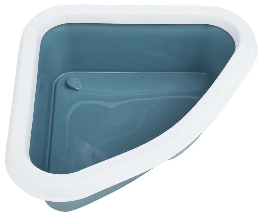 Litiera de colt pentru pisici, alb si albastru, 56x40x14 cm, PP