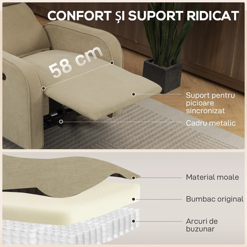 HOMCOM Fotoliu Relax Electric Reclinabil 135° cu Suport pentru Picioare, Tetieră Reglabilă, Șezut Spațios, Fotoliu Tapițat, Motoare Duble, Porturi USB și USB-C, Catifea Bej, Living | Aosom Romania