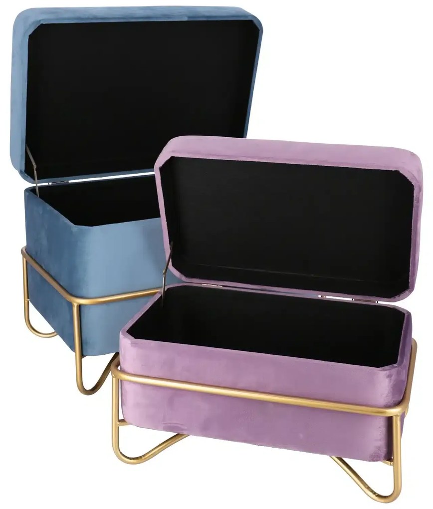 Set elegant Luna de taburete cu spatiu de depozitare, catifea si baza metalica aurie  2 piese
