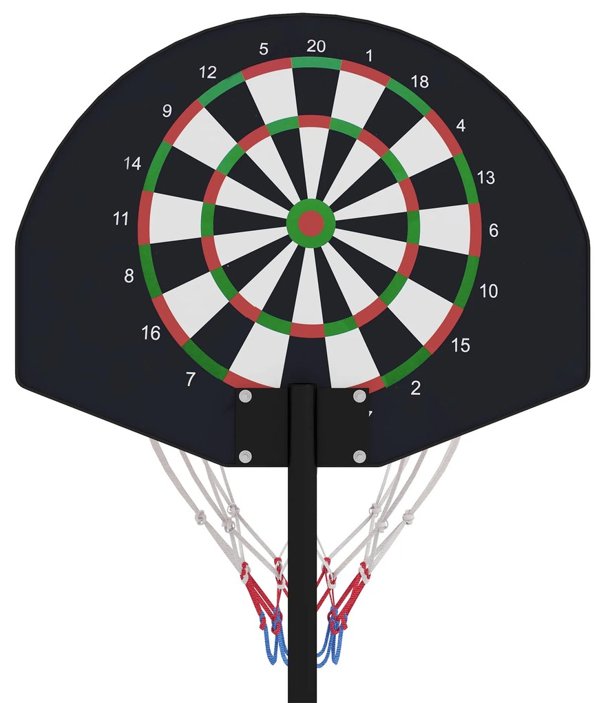 SPORTNOW Coș de Baschet și Stâlp cu Tablă de Darts Magnetică cu Săgeți, Coș de Baschet Reglabil în Înaltime, 38,5x48,5x179 cm, Negru | Aosom Romania